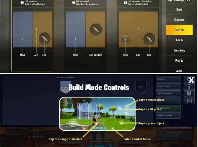 Controls of PUBG Mobile and Fortnite