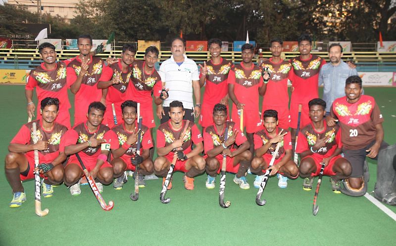 Team Odisha, gold medallist in U21 boys hockey at Khelo India Youth Games, during their final match against Haryana