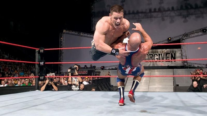 Cena battles Kurt Angle for the WWE Championship at Unforgiven 2005.