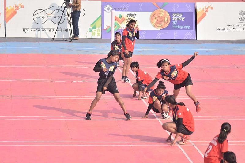 Under-17 Girls Kho Kho action - Maharashtra v Punjab at Khelo India Youth Games