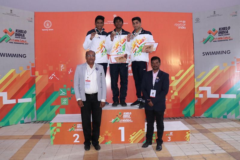 Boys U 21 50m breaststroke medal ceremony - From L to R - Danish Suresh (TN), Likith SP (KA), and Ansh Arora (UP)