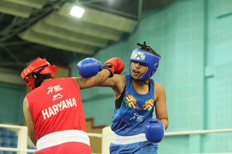 Haryana&acirc;€™s Raj Sahiba (in blue) in action in girls U-17 boxing