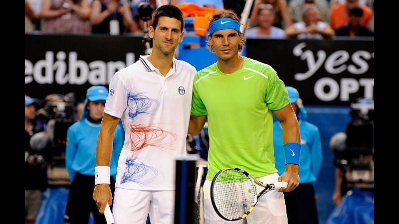 Novak Djokovic (L) and Rafael Nadal ahead of their epic 2012 Australian Open final