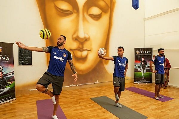 Chennaiyin FC&#039;s (from left) Eli Sabia, Laldinliana Renthlei and Germanpreet Singh at the Sarva Yoga Studio