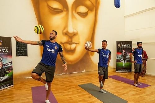 Chennaiyin FC's (from left) Eli Sabia, Laldinliana Renthlei and Germanpreet Singh at the Sarva Yoga Studio