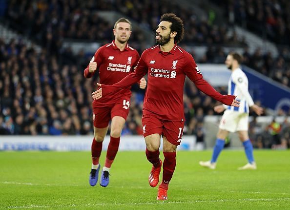 Salah with his trademark celebration after scoring against Brighton &amp; Hove Albion in the Premier League