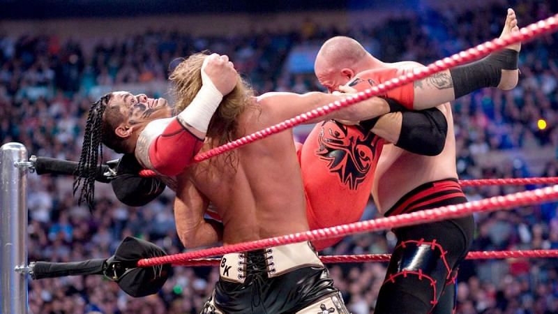 Kane and Shawn Michaels attempting to eliminate Umaga from the 2008 Royal Rumble