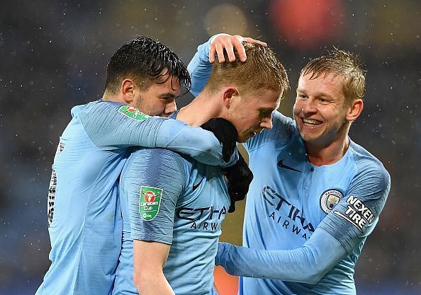 Brahim Diaz {l} with Kevin De Bruyne and Zinchenko