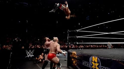 Ricochet nails a springboard shooting star plancha at Takeover: New Orleans