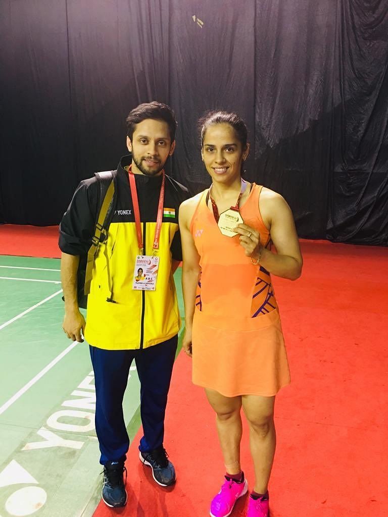 Saina Nehwal with Parupalli Kashyap after the medal ceremony