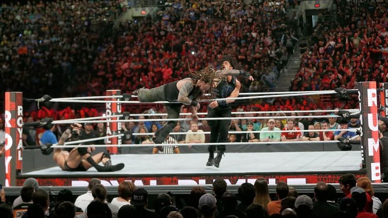 Bray Wyatt being eliminated from the 2017 Royal Rumble by Roman Reigns