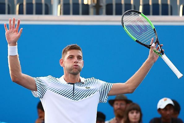 2019 Australian Open - Day 2 - Serbia's Filip Krajinovic exults after knocking out Marco Cecchinato