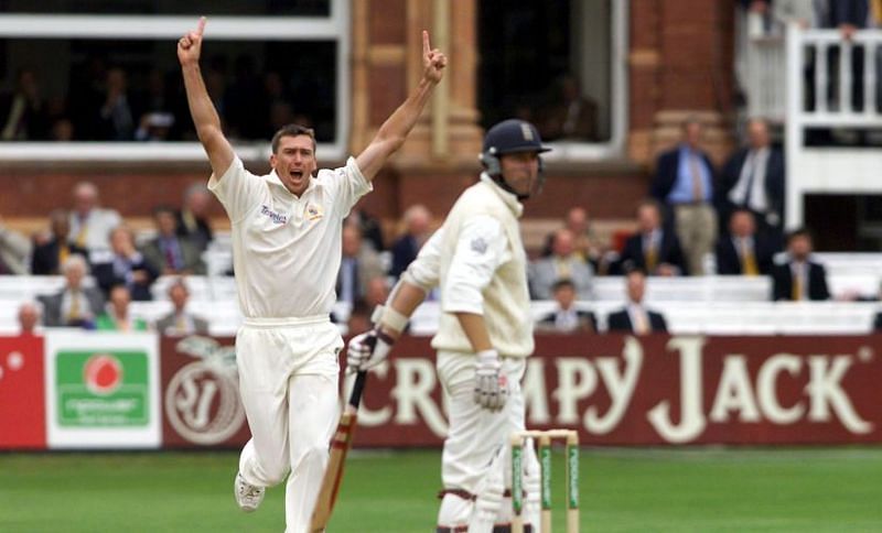 Glenn McGrath celebrating the dismissal of Michael Atherton