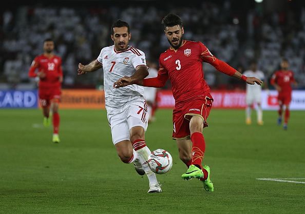 United Arab Emirates&#039;s Ali Ahmed Mabkhout (number 7) in action