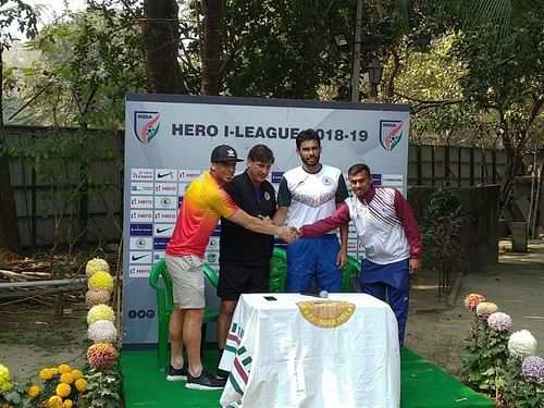 Khalid Jamil along with East Bengal's coach Alejandro Menendez during the pre-match press conference