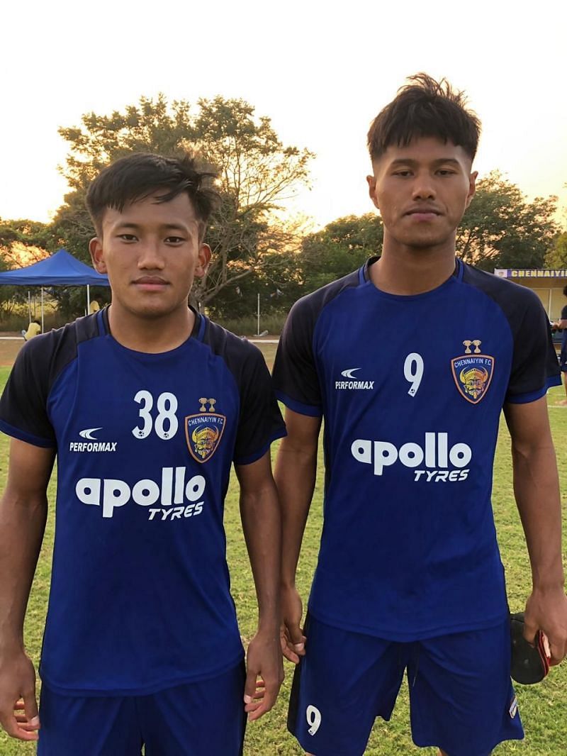 Chennaiyin FC &#039;B&#039; goalscorer Joysana Singh (left) with teammate Bawlte Rohmingthanga