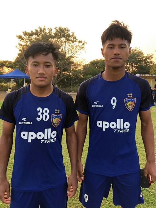 Chennaiyin FC 'B' goalscorer Joysana Singh (left) with teammate Bawlte Rohmingthanga