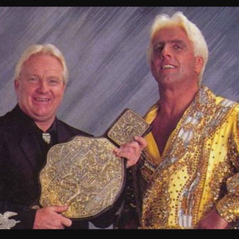 Bobby the Brain Heenan and Ric Flair, on WWE television but holding the WCW world title belt.