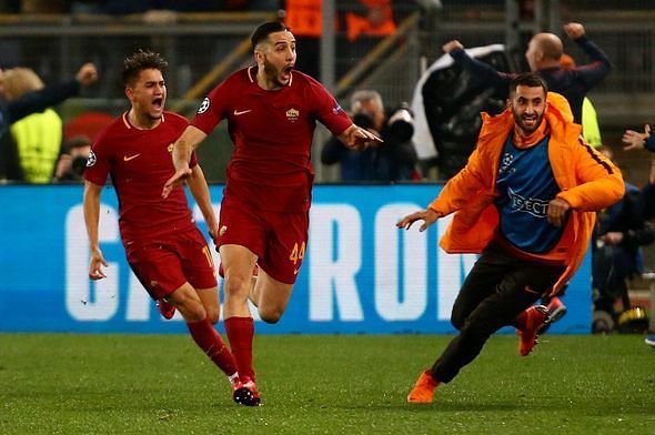 Kostas Manolas celebrating his winner against FC Barcelona