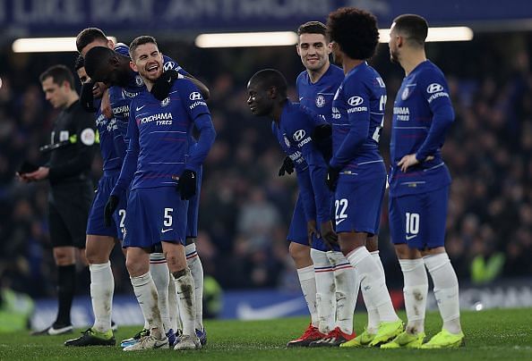 Chelsea players have a laugh while lining up