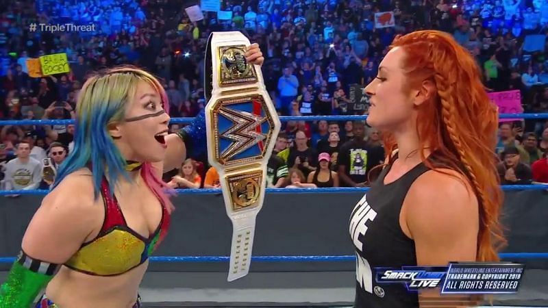 Becky Lynch staring down Asuka