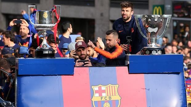Barcelona celebrating their 2017-18 domestic double success