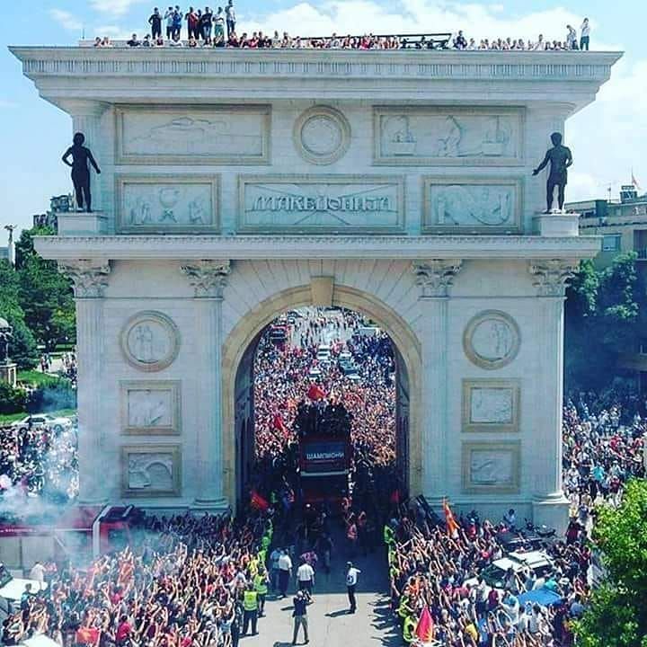 Macedonian fans celebrate the 2016-17 SEHA league obtained by the RK Vardar at Porta Macedonia.