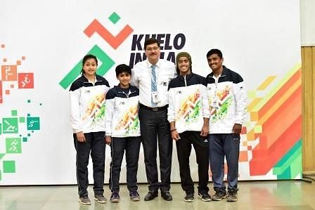 Sahdev Yadav, Secretary General of the Indian Weightlifting Federation  (IWLF) with young weightlifters at Khelo India Youth Games