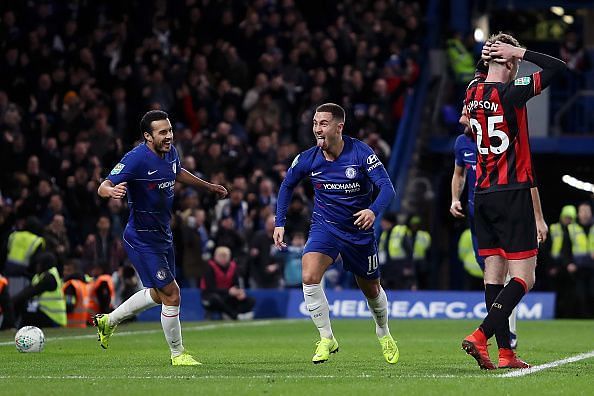 Hazard celebrates after scoring during their Carabao Cup quarter-final last month