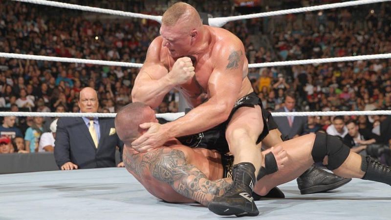 Brock Lesnar elbowed Randy Orton in the head multiple times