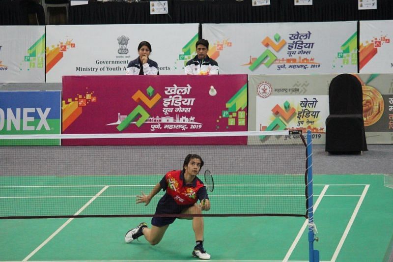 Malvika Bansod of Maharashtra in action during her semi final match at Khelo India Youth Games