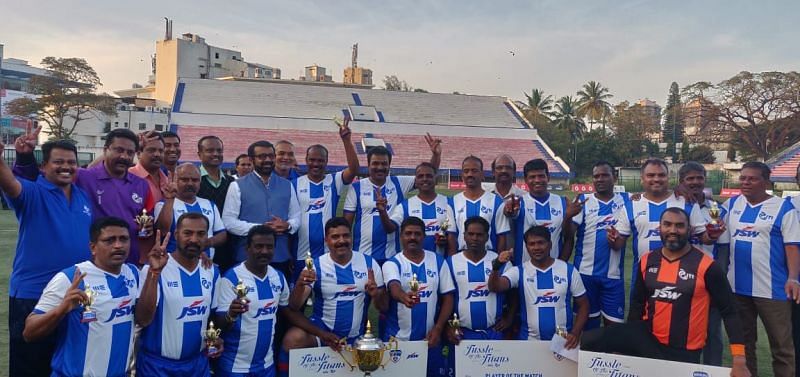 The ITI Legends&#039; team celebrates after its win over HAL in an exhibition game at the Bangalore Football Stadium on Saturday