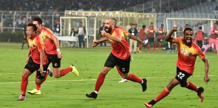 East Bengal players in action during the last &#039;Kolkata Derby&#039; which they won 3-2