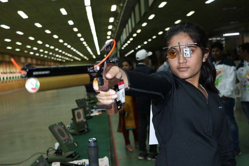 Girls under-17 10m air pistol gold medalist Esha Singh from Telangana&acirc;€™ in action at Khelo India Youth Games