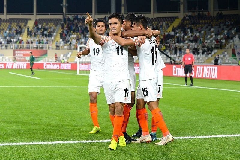 Sunil Chhetri celebrates after scoring against Thailand during their Asian Cup match