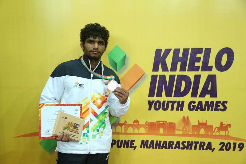 Boys U21 61kg gold medallist Ravinder (HR) at Khelo India Youth Games