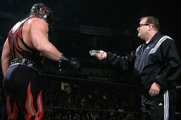Drew Carey attempts to bribe Kane during the 2001 Royal Rumble match