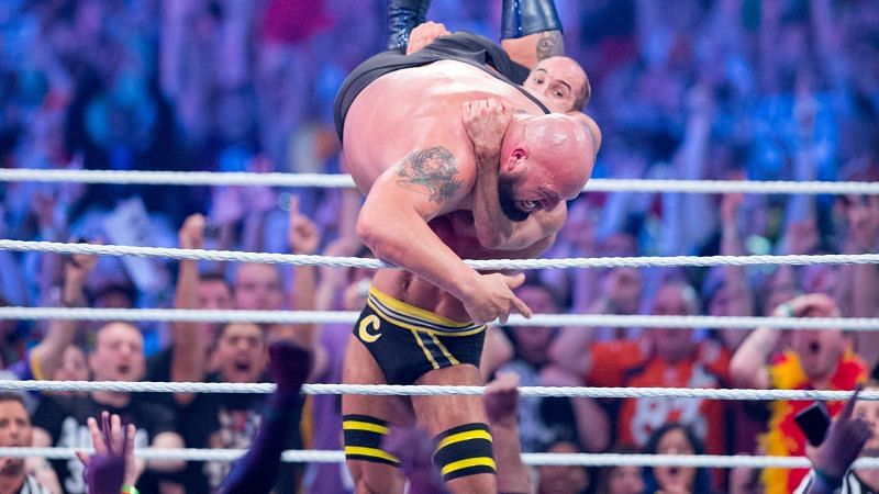 Cesaro slams Big Show out of the ring at WrestleMania 30.