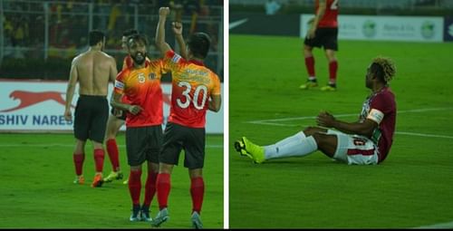 East Bengal players rejoice while Sony Norde looks dejected after Mohun Bagan tasted defeat for the second time in Kolkata Derby