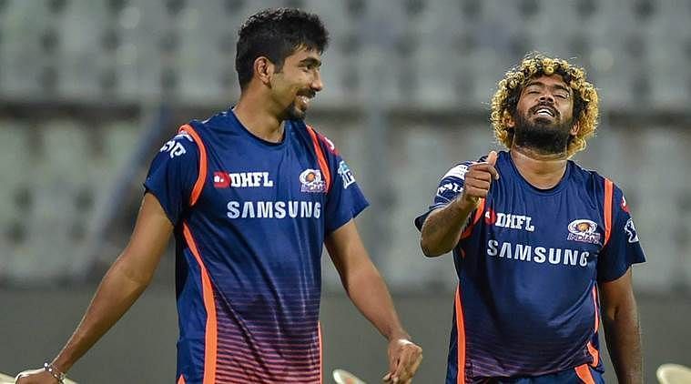 Jasprit Bumrah having a moment with Malinga during a practice session