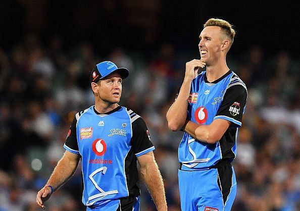 Billy Stanlake (right) during a Big Bash League match