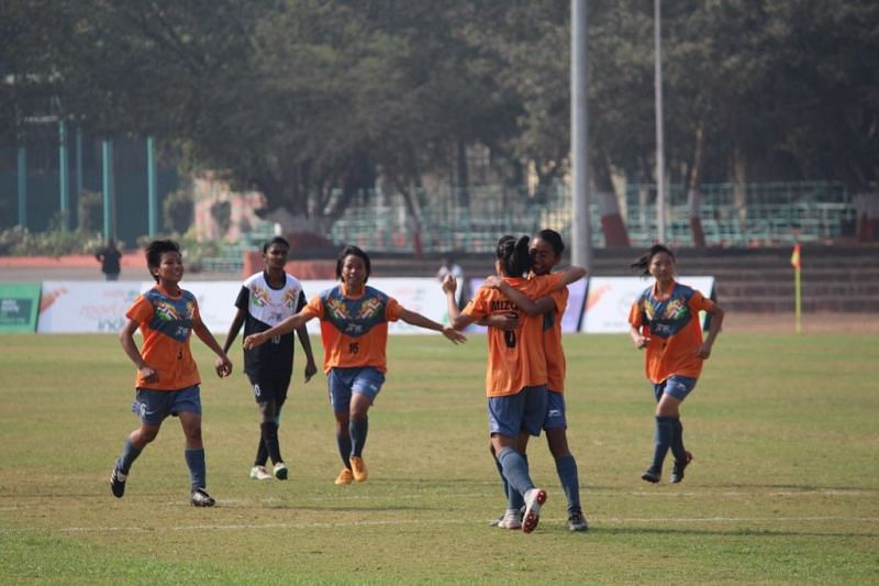 Mizoram girls celebrating their goal against Tamil Nadu during Girls U-21 Football match