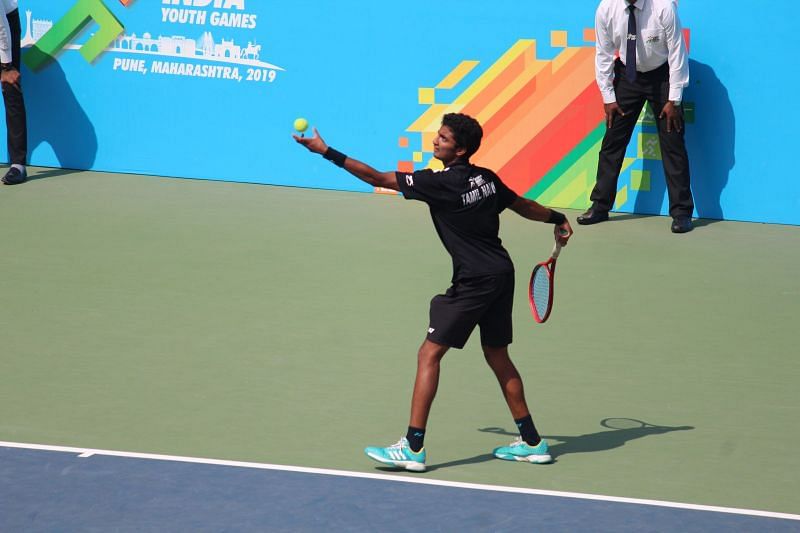 Boys U-21 singles gold medallist Sureshkumar Manish in action at Khelo India Youth games