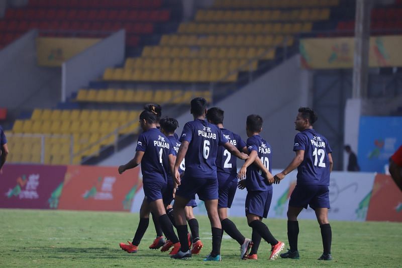 Punjab U-17 players celebrating their goal against host Maharashtra at Khelo India Youth Games