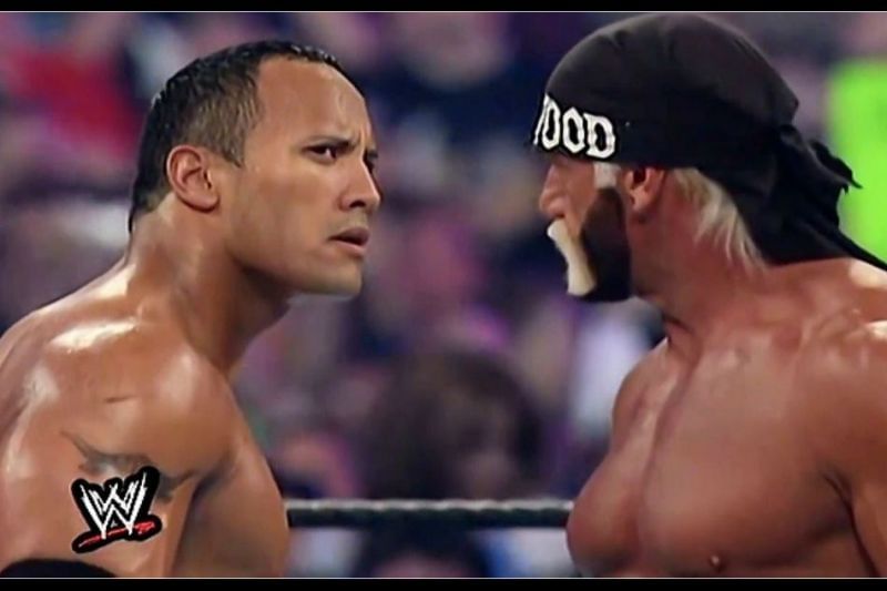 The Rock seems perplexed that he is being booed, while the villain, Hogan, has the crowd&#039;s support