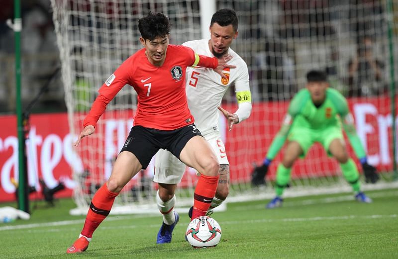 South Korea&#039;s Son-Heung Min (red) in action during his side&#039;s 2-0 win over China at the AFC Asian Cup. (AFC Media)