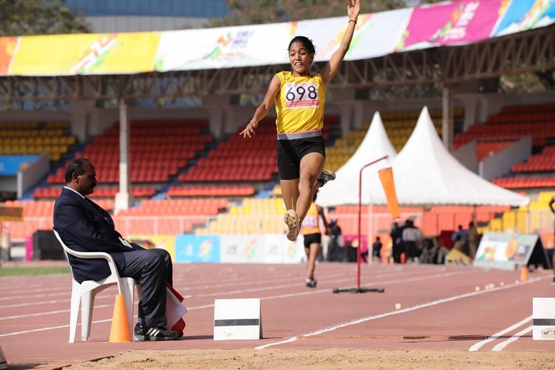 Girls U-21 long jump gold medalist Sherin Abdul Gafoor (Tamil Nadu) in action at Khelo India Youth Games