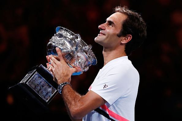 Roger Federer with the 2018 Australian Open trophy