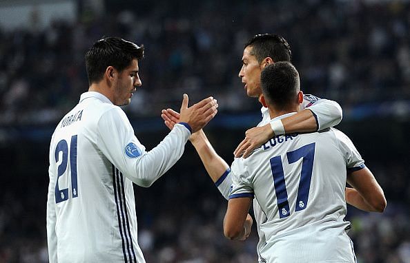 Alvaro Morata celebrates with his former teammates Cristiano Ronaldo and Lucas Vasquez