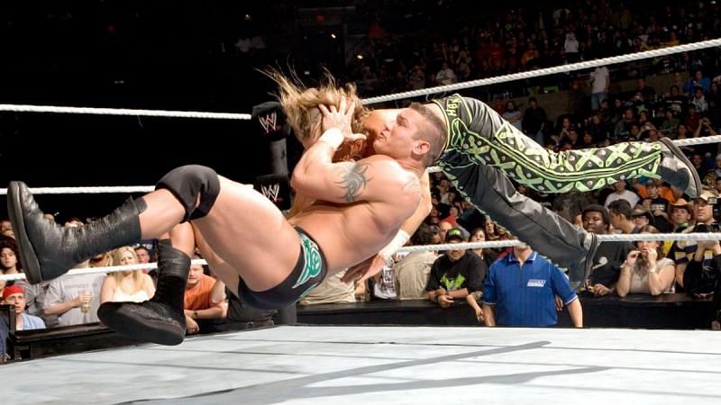 Randy Orton delivering an RKO to Shawn Michaels during the 2007 Royal Rumble